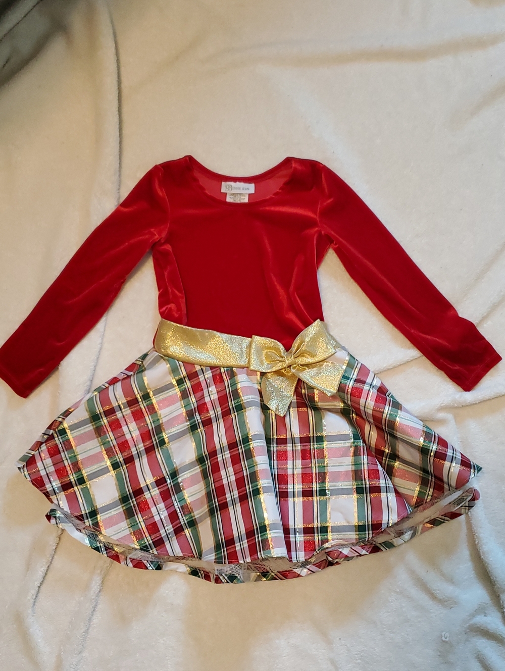 Girls Red Velvet Plaid Holiday Dress with Gold Bow | Size 5